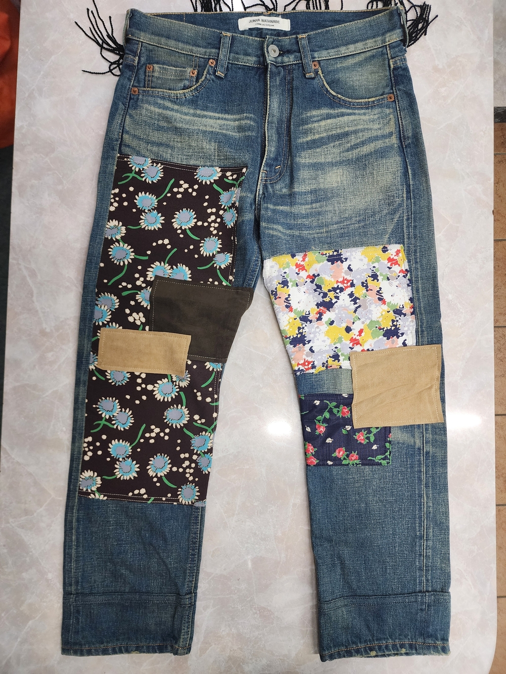 * JUNYA WATANABE Comme des Garcons ** NWOT  SS2014 Patched Jeans w/ Fringe XS
